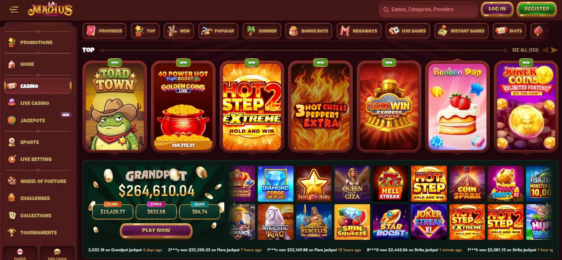 Screenshot of Magius Casino Page