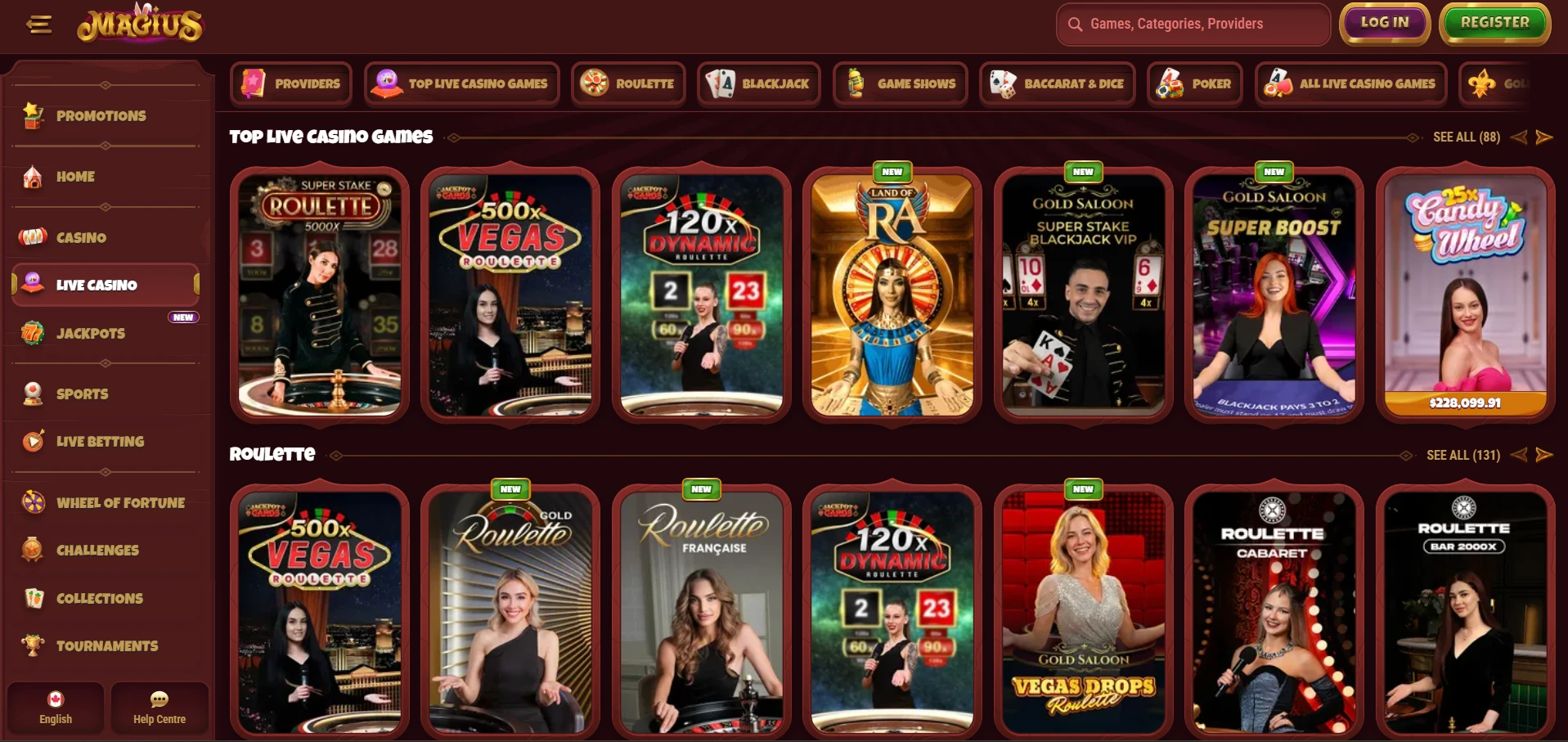 Screenshot of Magius Casino Page